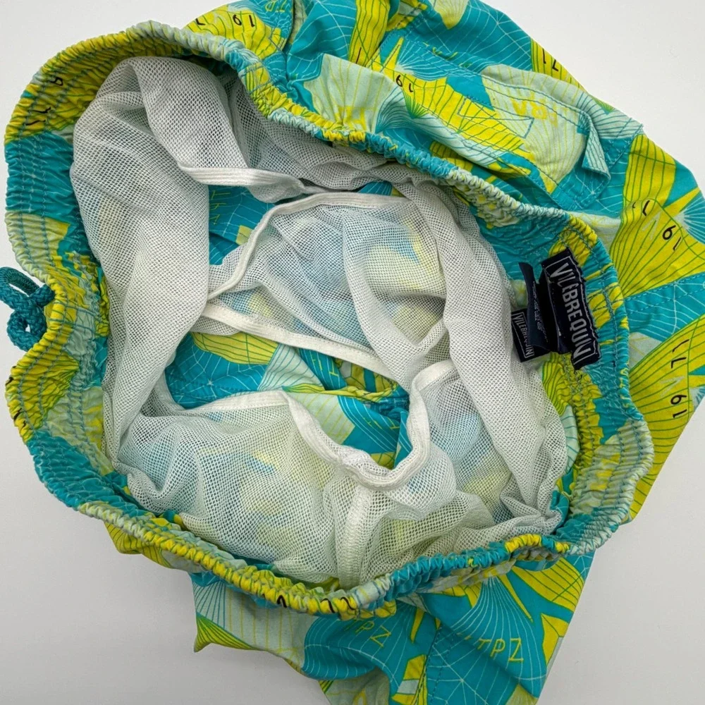 Vilebrequin Moorea Swim Trunks Mens Large Yellow Teal Sail Print Board Shorts